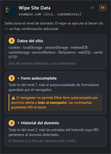Captura del popup de selección de nivel
